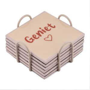 Set van 6 onderzetters met rekje "Geniet"